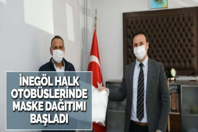 İNEGÖL HALK OTOBÜSLERİNDE MASKE DAĞITIMI BAŞLADI