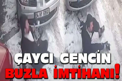 Çaycı gencin buzla imtihanı kameraya yansıdı