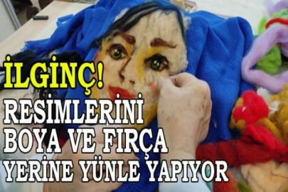 Resimlerini boya ve fırça yerine yünle yapıyor