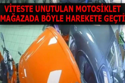 Viteste unutulan motosiklet, mağazada böyle harekete geçti