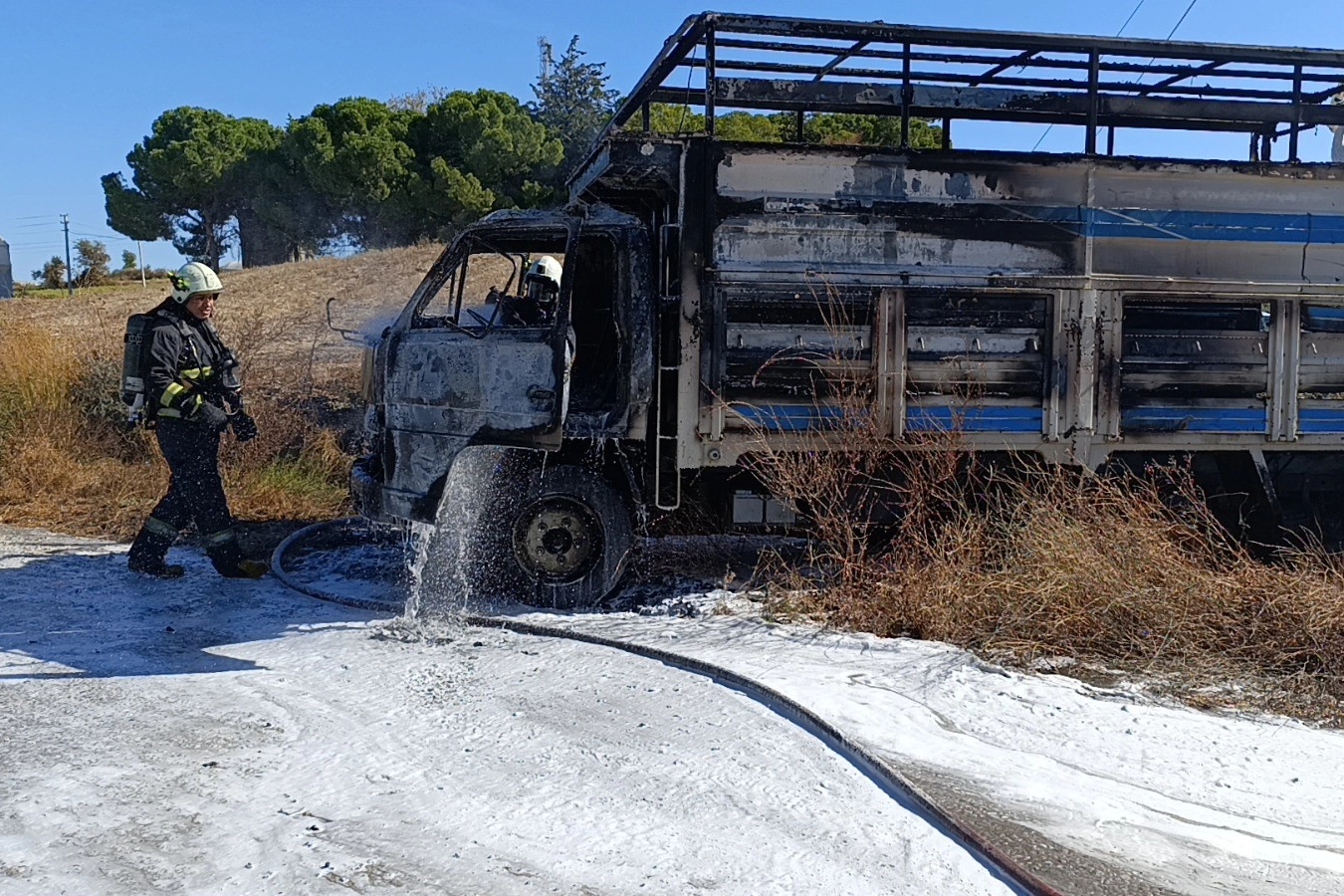 Seyir halindeyken alev alan kamyon kullanılmaz hale geldi